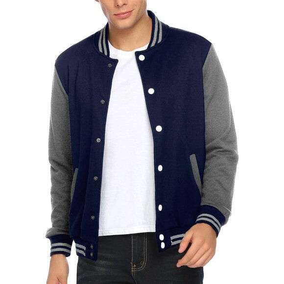 Men's Varsity Jacket Slim Fit Cotton Letterman Baseball Bomber Jacket Navy Grey - Picture 1 of 4